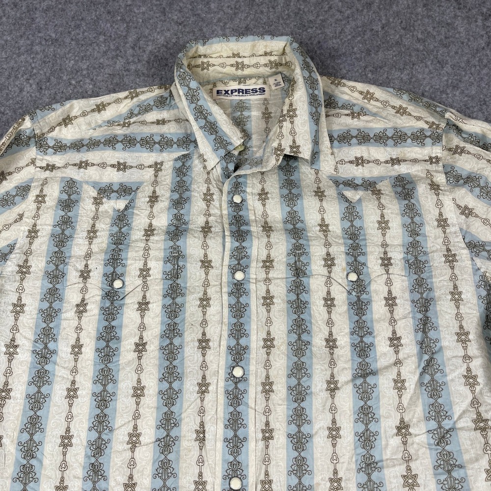 Express Mens XL Blue Cream Baroque Stripe Pearl Snap Western Shirt Precision Fit